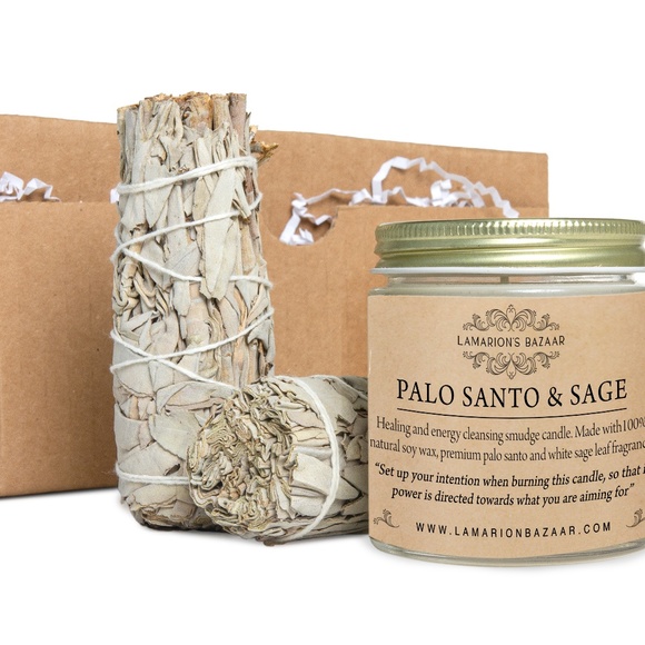 SAGE SMUDGING KIT- Palo Santo Sage Candle + Two Sage Bundles - Cleansing Set - Picture 1 of 7